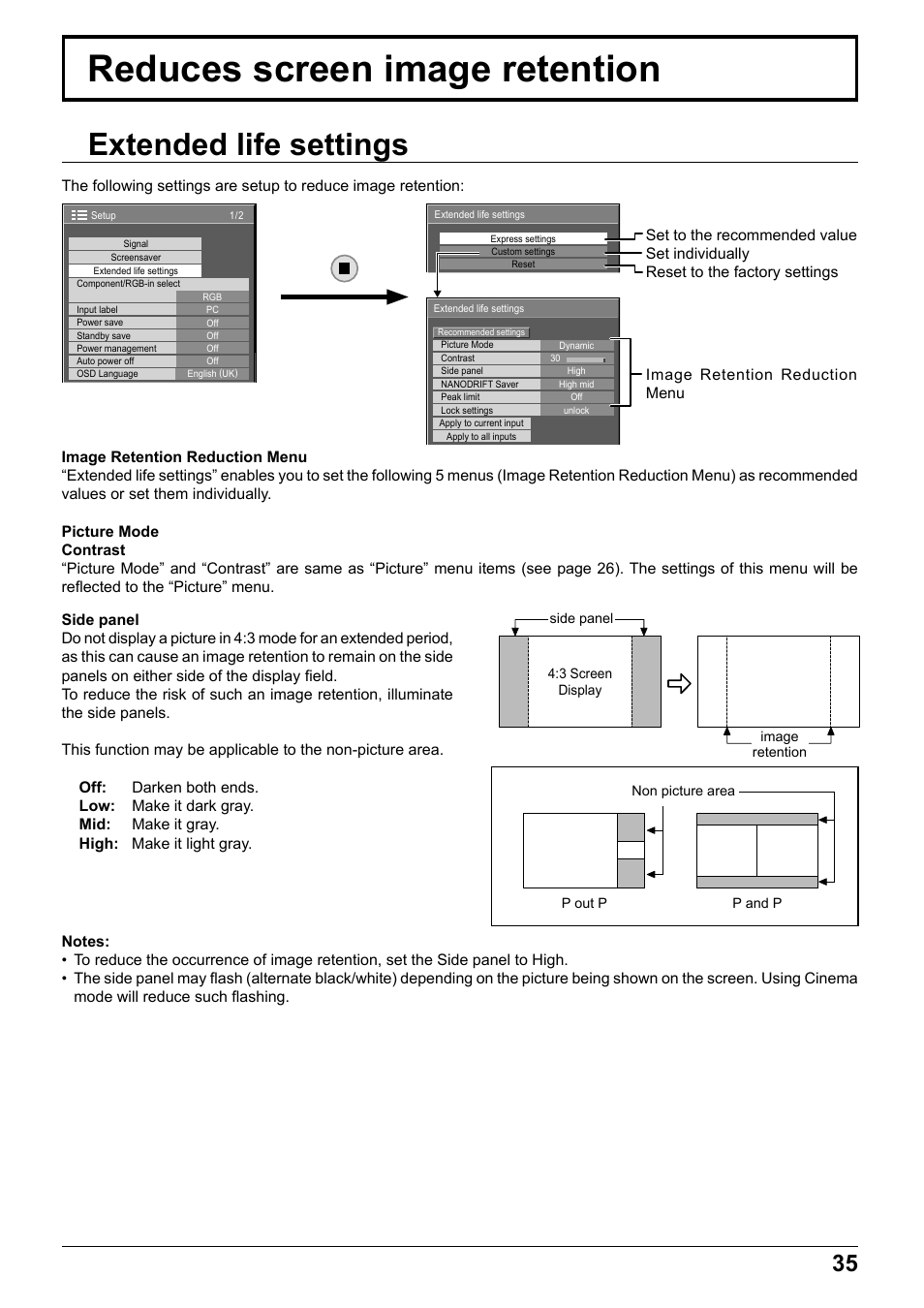 Reduces screen image retention, Extended life settings | Panasonic TH65PF12EK User Manual | Page 35 / 64