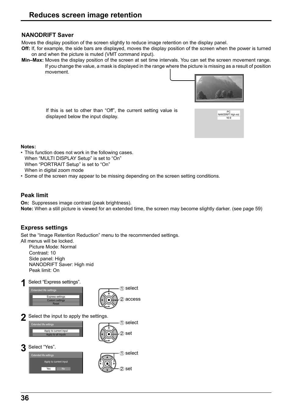 Reduces screen image retention, Peak limit, Express settings | Nanodrift saver | Panasonic TH65PF12EK User Manual | Page 36 / 64