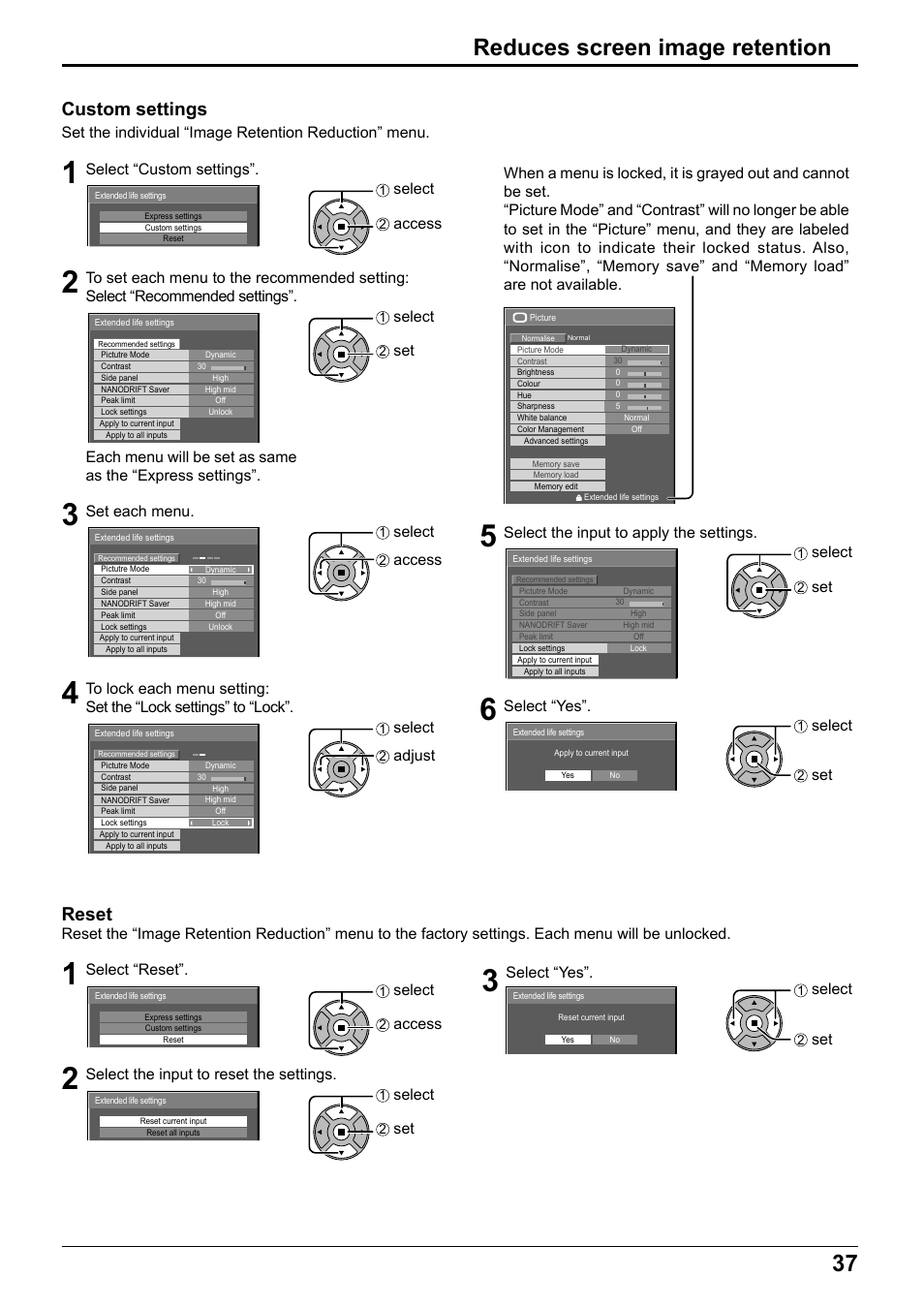 37 reduces screen image retention, Custom settings, Reset | Select “custom settings, Select, Access, Set each menu, Select the input to apply the settings, Select “yes, Select “reset | Panasonic TH65PF12EK User Manual | Page 37 / 64