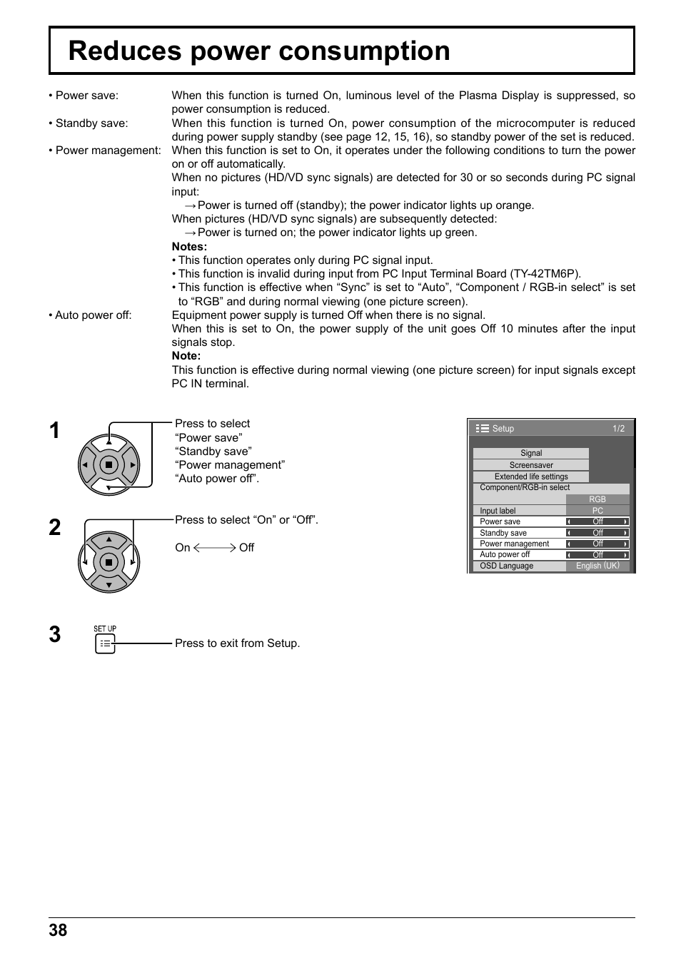 Reduces power consumption | Panasonic TH65PF12EK User Manual | Page 38 / 64