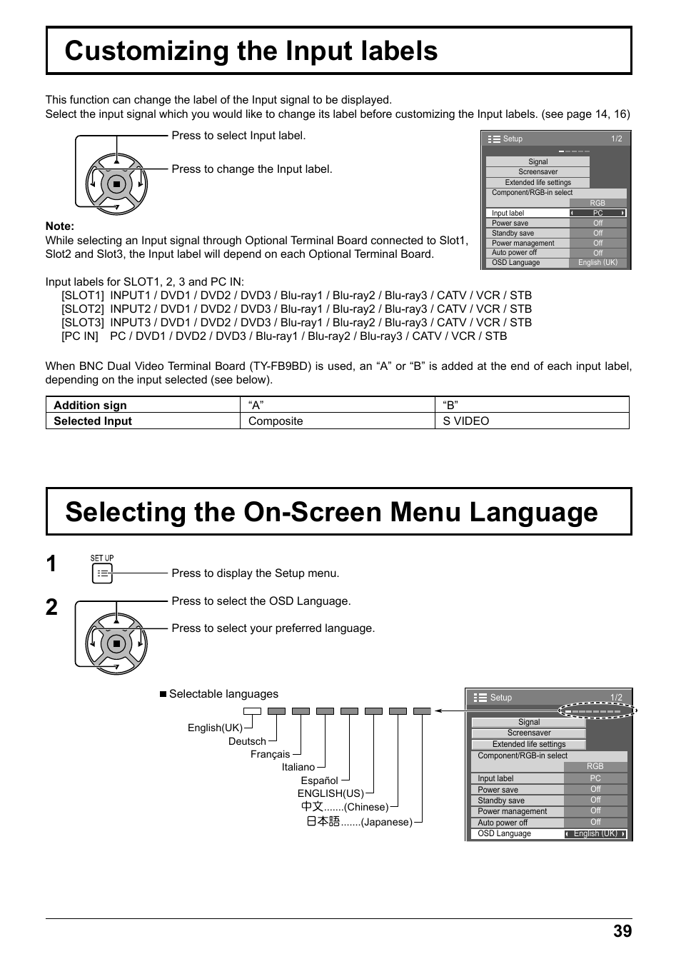 Customizing the input labels, Selecting the on-screen menu language | Panasonic TH65PF12EK User Manual | Page 39 / 64