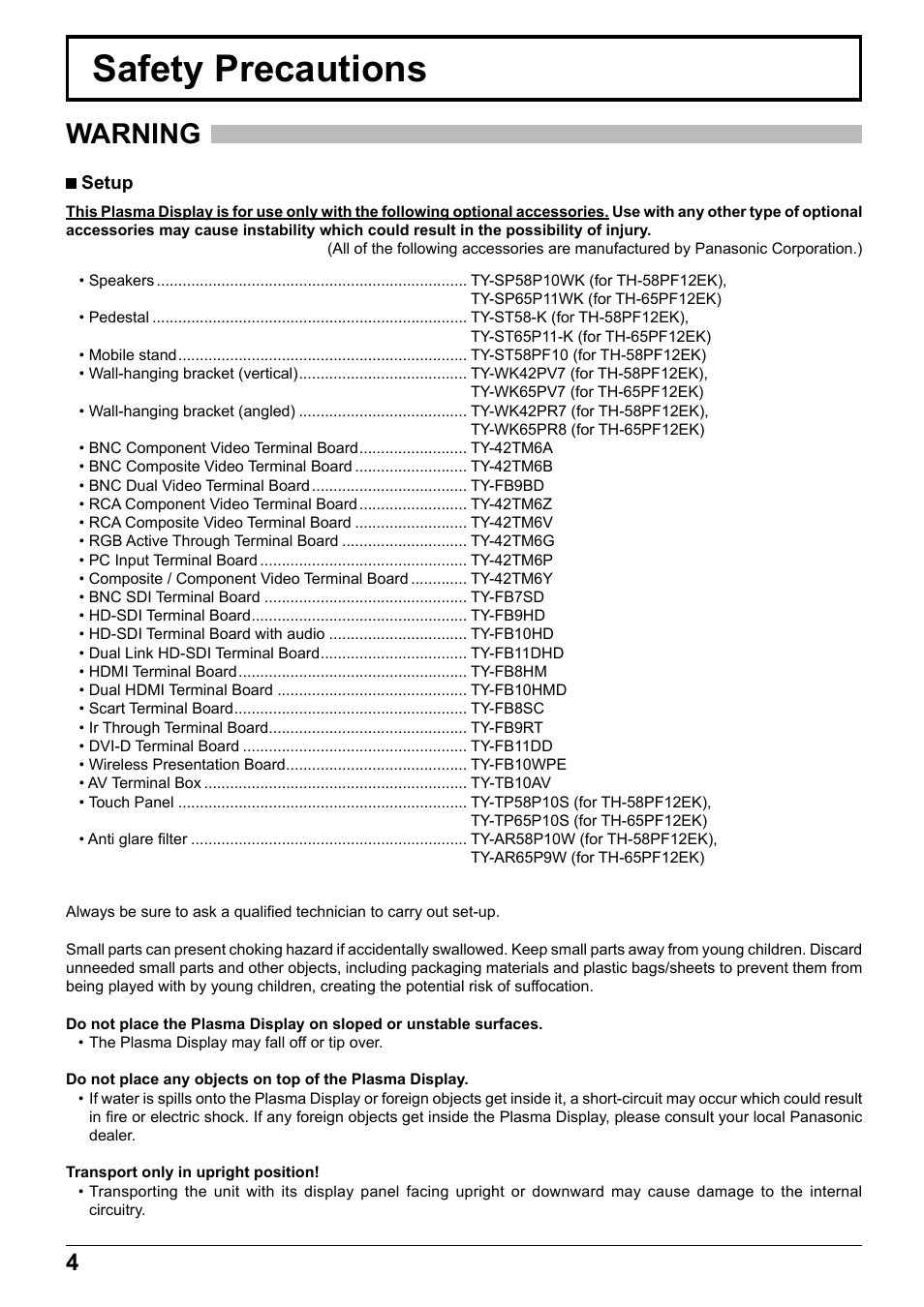 Safety precautions, Warning | Panasonic TH65PF12EK User Manual | Page 4 / 64