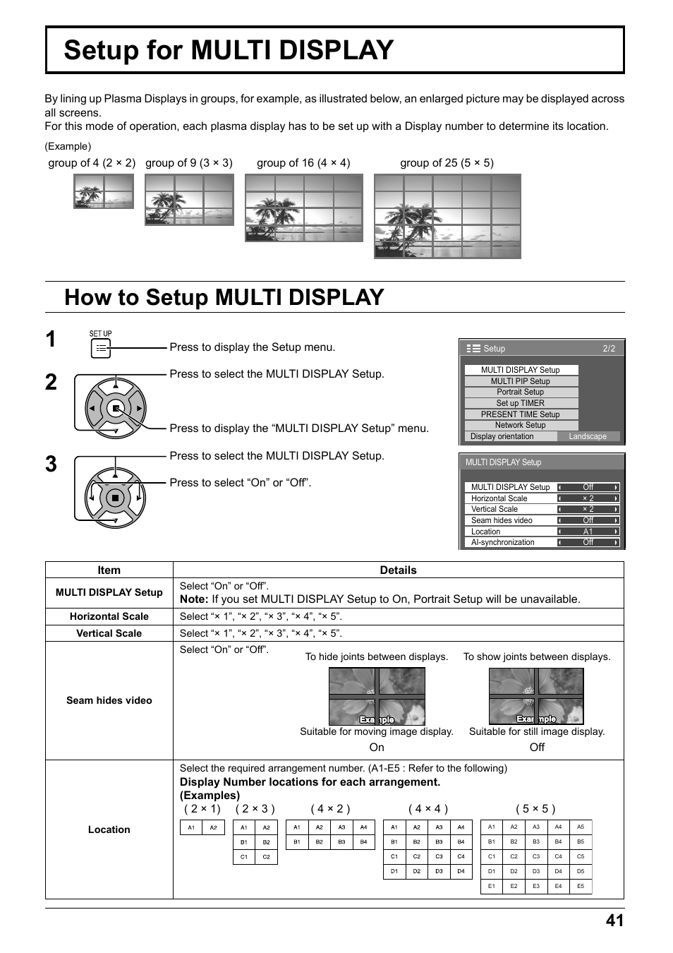 Setup for multi display, How to setup multi display 1 2 3 | Panasonic TH65PF12EK User Manual | Page 41 / 64