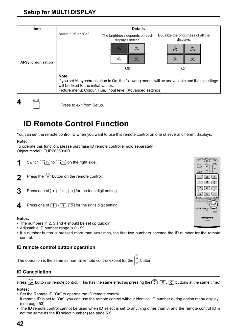 Id remote control function, 42 setup for multi display | Panasonic TH65PF12EK User Manual | Page 42 / 64