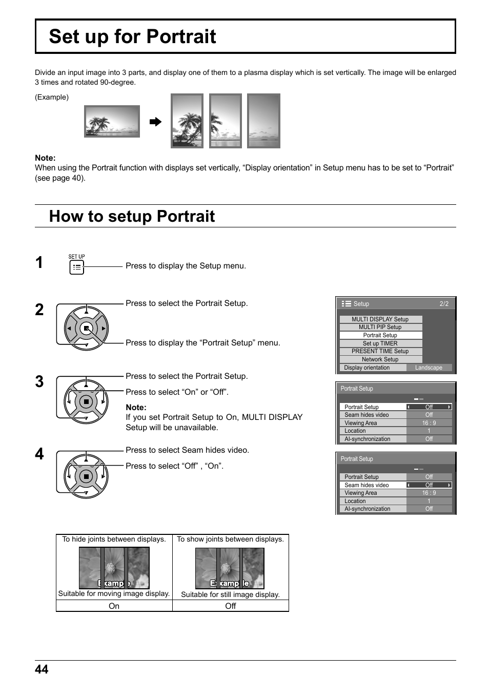 Set up for portrait, How to setup portrait 1 | Panasonic TH65PF12EK User Manual | Page 44 / 64