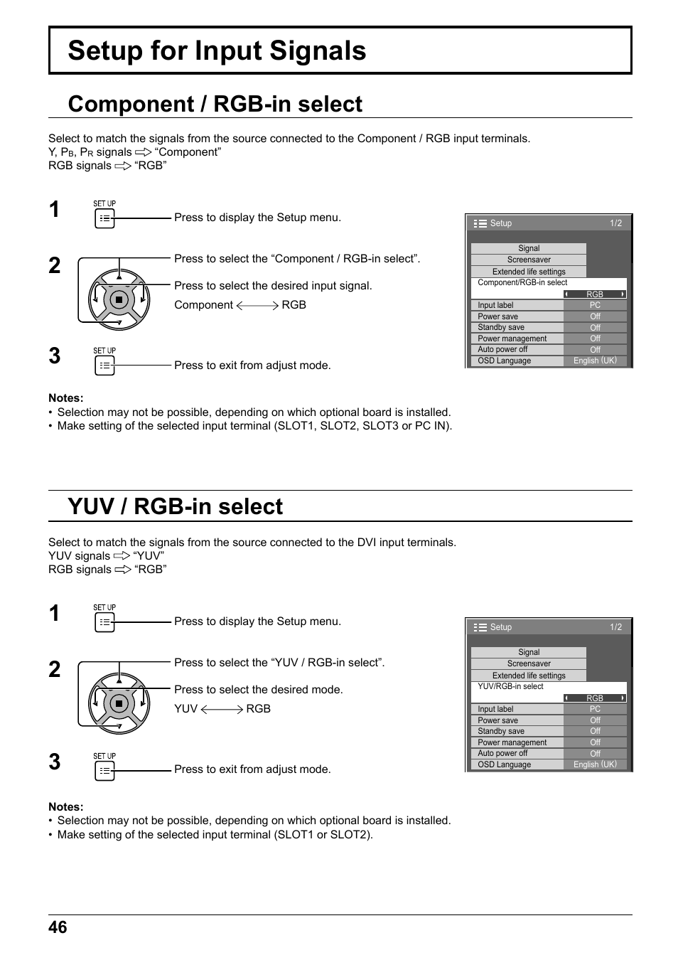 Setup for input signals, Component / rgb-in select, 3yuv / rgb-in select | Panasonic TH65PF12EK User Manual | Page 46 / 64