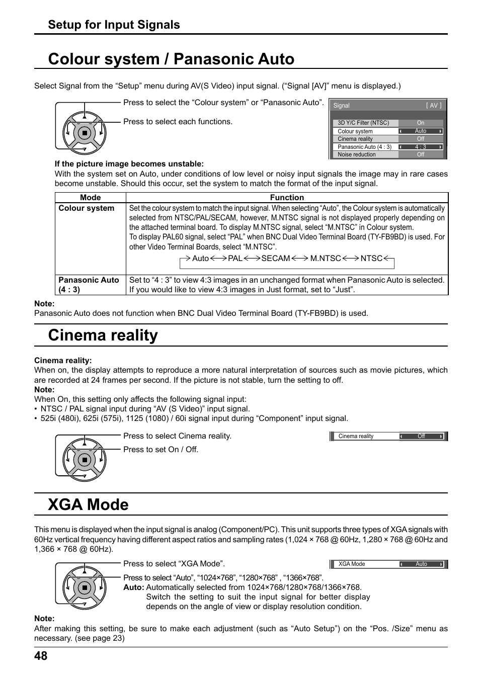 Colour system / panasonic auto, Cinema reality, Xga mode | 48 setup for input signals | Panasonic TH65PF12EK User Manual | Page 48 / 64