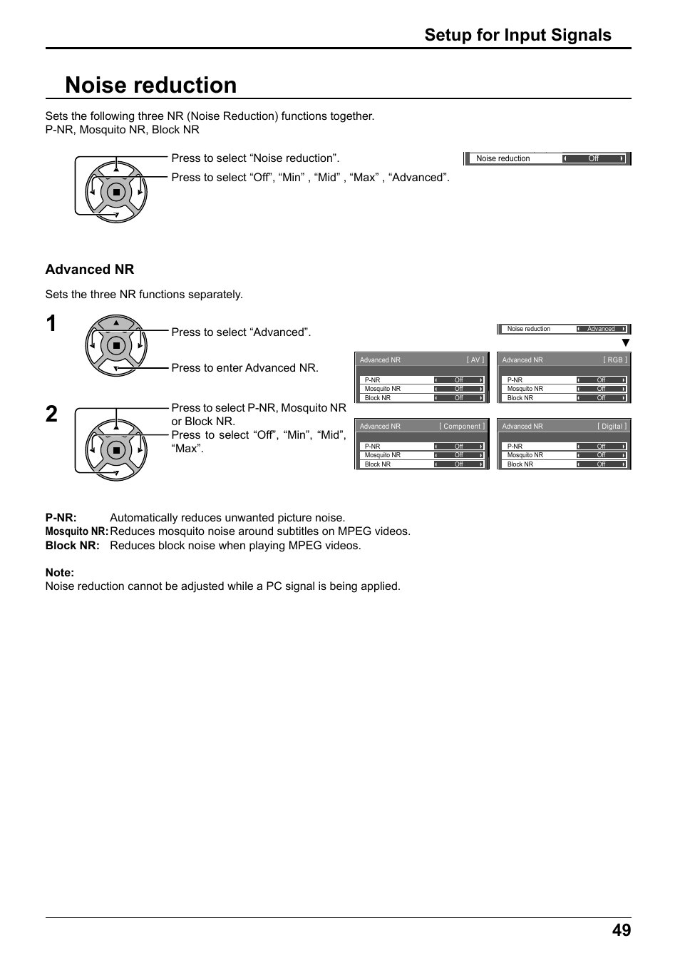 Noise reduction, Setup for input signals, Advanced nr | Panasonic TH65PF12EK User Manual | Page 49 / 64