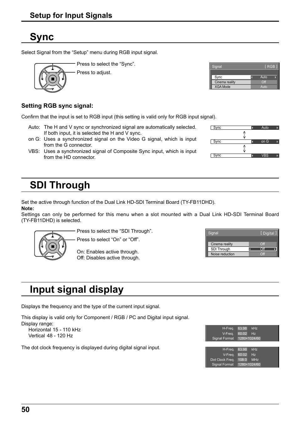 Sync, Input signal display, Sdi through | Setup for input signals, Setting rgb sync signal | Panasonic TH65PF12EK User Manual | Page 50 / 64