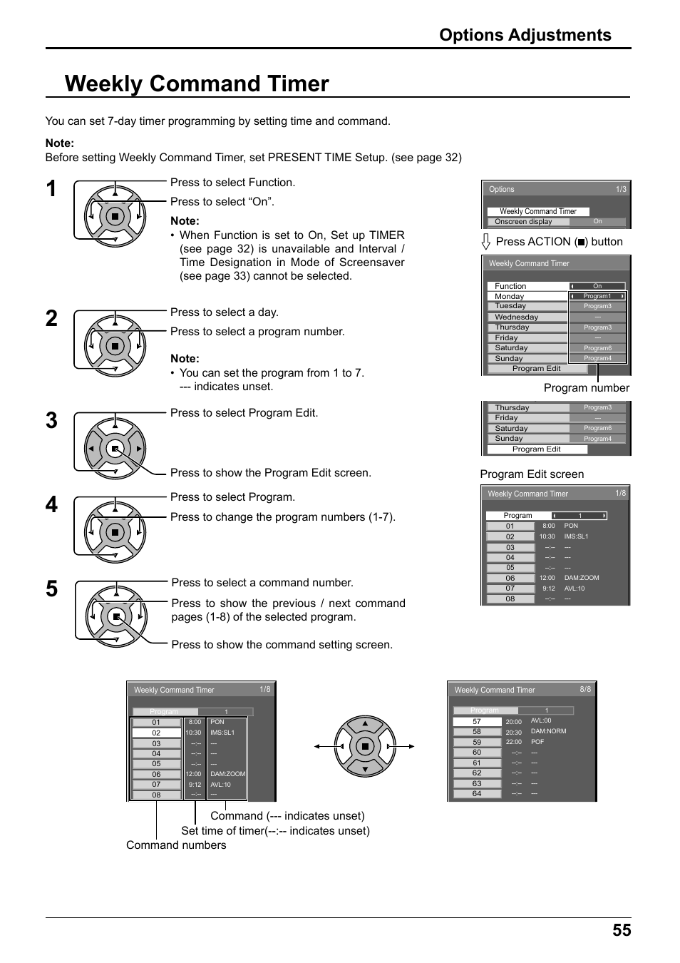 Weekly command timer, 55 options adjustments, Program number | Panasonic TH65PF12EK User Manual | Page 55 / 64