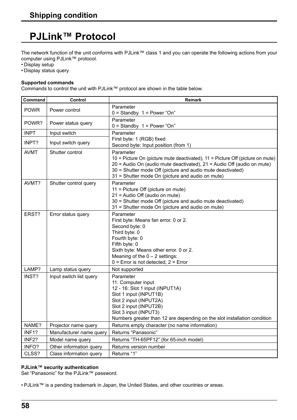 Pjlink™ protocol, 58 shipping condition | Panasonic TH65PF12EK User Manual | Page 58 / 64