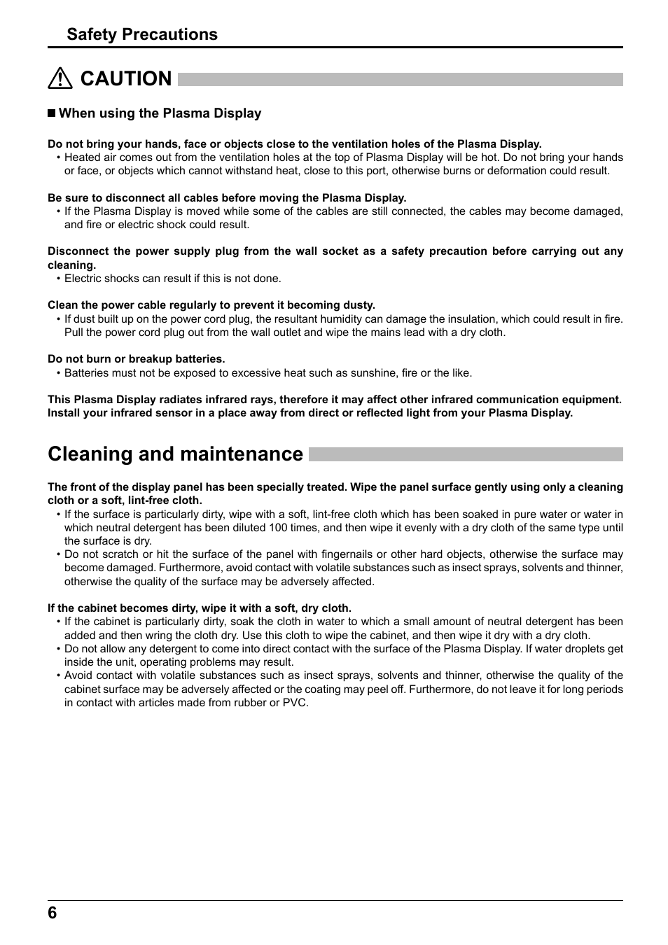 Caution, Cleaning and maintenance, 6safety precautions | Panasonic TH65PF12EK User Manual | Page 6 / 64