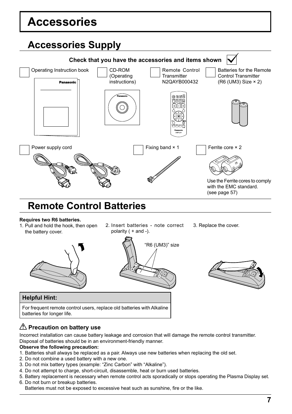 Accessories, Accessories supply, Remote control batteries | Panasonic TH65PF12EK User Manual | Page 7 / 64