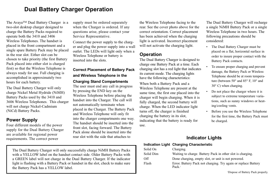 Dual battery charger operation, Power supply | Avaya 72-0079-20 User Manual | Page 2 / 4