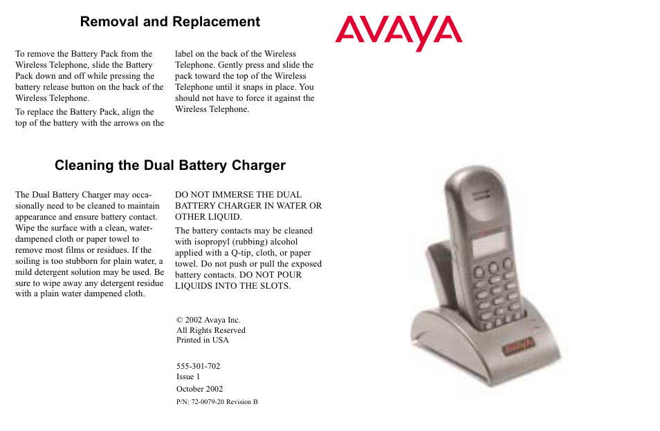Removal and replacement, Cleaning the dual battery charger, Avaya | Dual battery charger user guide | Avaya 72-0079-20 User Manual | Page 4 / 4