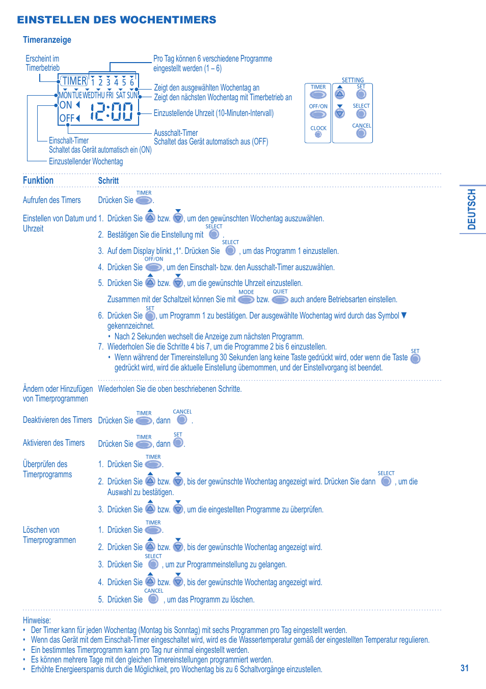 Deutsch, Funktion, Einstellen des wochentimers | Panasonic LIAV12IM User Manual | Page 7 / 12