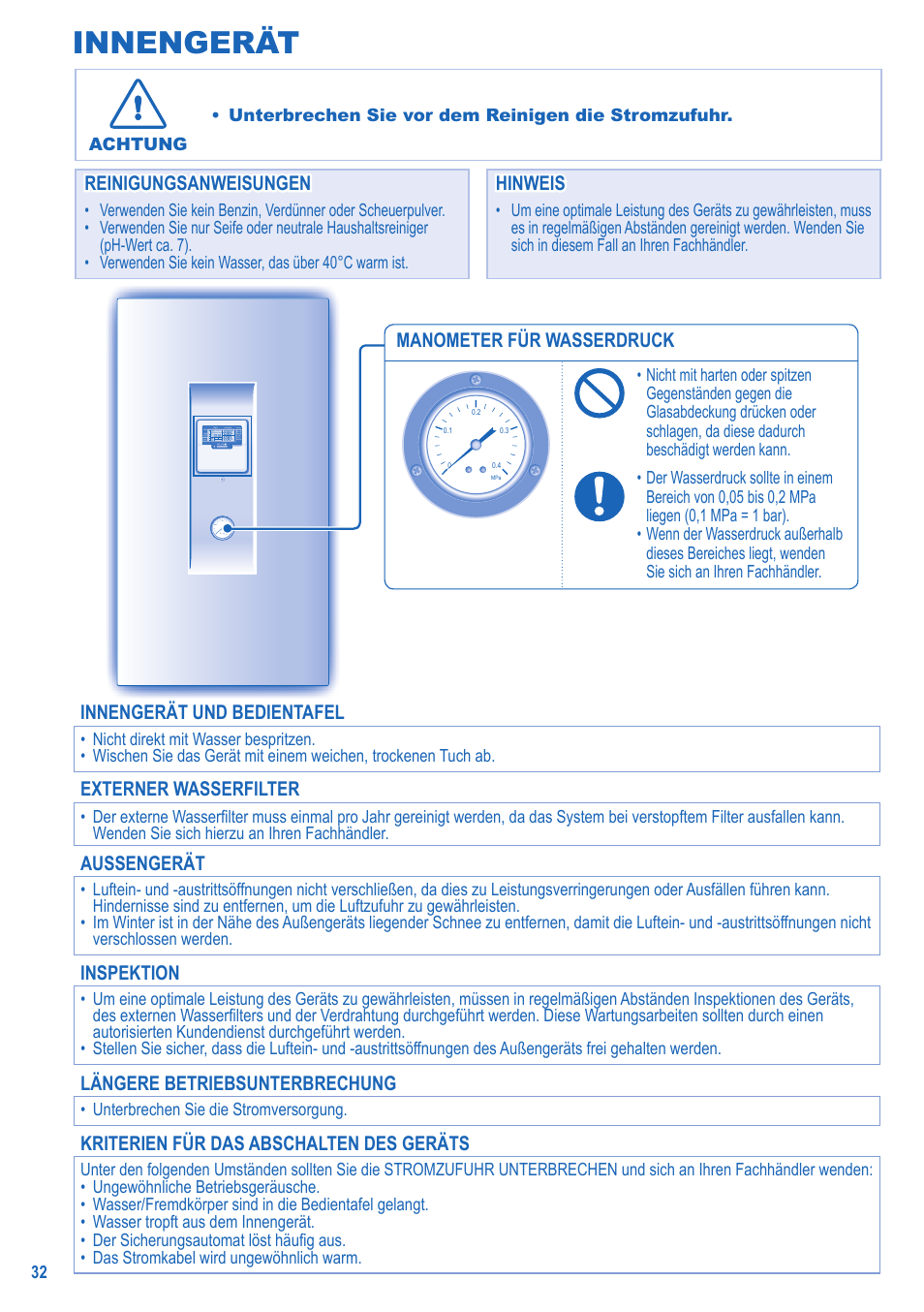 Innengerät, Reinigungsanweisungen, Reinigungsanweisungen hinweis hinweis | Manometer für wasserdruck, Innengerät und bedientafel, Externer wasserfilter, Aussengerät, Inspektion, Längere betriebsunterbrechung, Kriterien für das abschalten des geräts | Panasonic LIAV12IM User Manual | Page 8 / 12