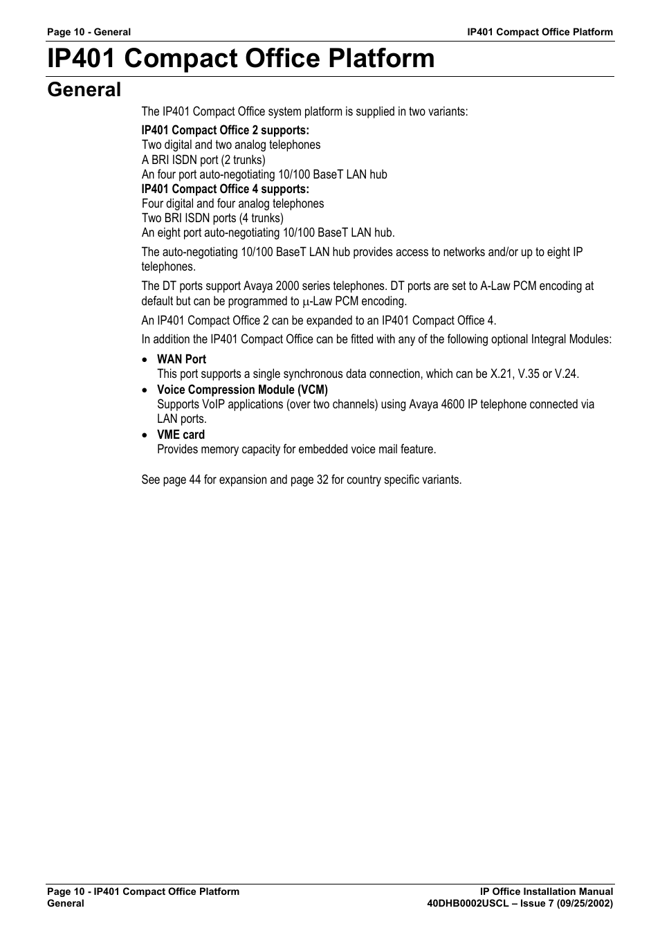 Ip401 compact office platform, General | Avaya IP OFFICE 40DHB0002USCL User Manual | Page 10 / 70
