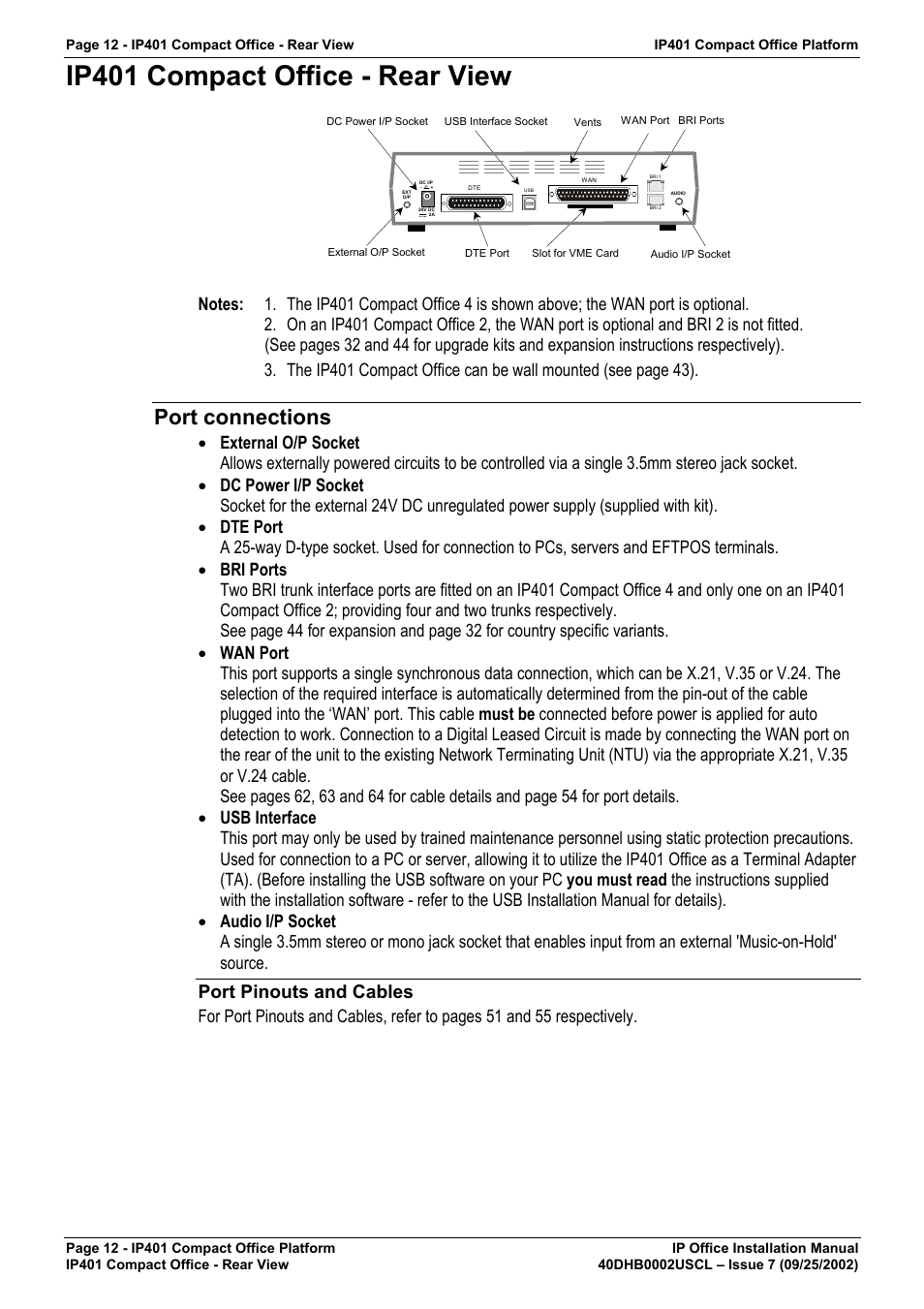 Ip401 compact office - rear view, Port connections, Port pinouts and cables | Avaya IP OFFICE 40DHB0002USCL User Manual | Page 12 / 70