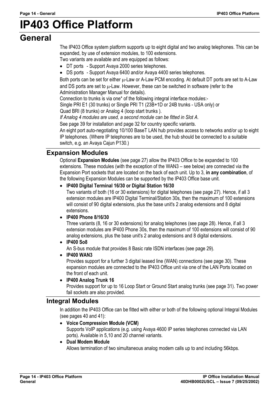 Ip403 office platform, General, Expansion modules | Integral modules | Avaya IP OFFICE 40DHB0002USCL User Manual | Page 14 / 70