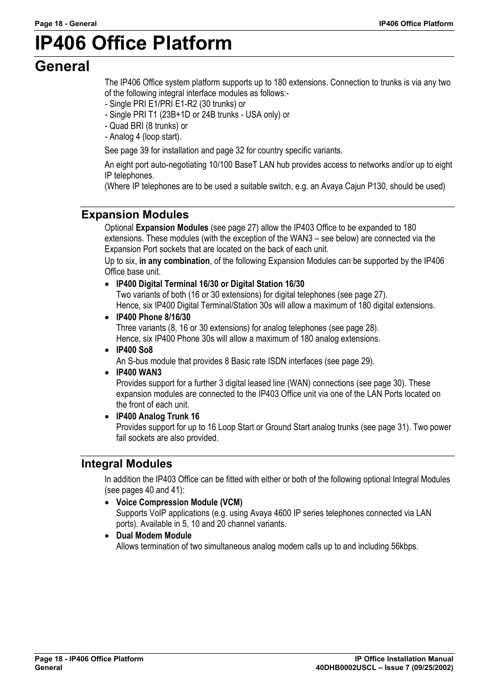 Ip406 office platform, General, Expansion modules | Integral modules | Avaya IP OFFICE 40DHB0002USCL User Manual | Page 18 / 70