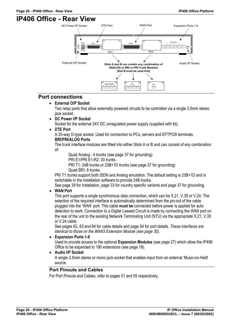 Ip406 office - rear view, Port connections, Port pinouts and cables | Avaya IP OFFICE 40DHB0002USCL User Manual | Page 20 / 70