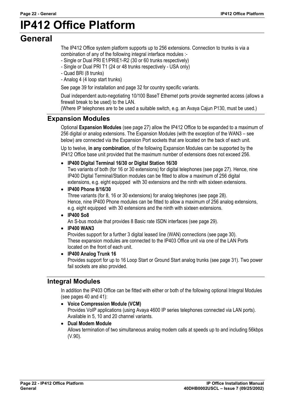 Ip412 office platform, General, Expansion modules | Integral modules | Avaya IP OFFICE 40DHB0002USCL User Manual | Page 22 / 70