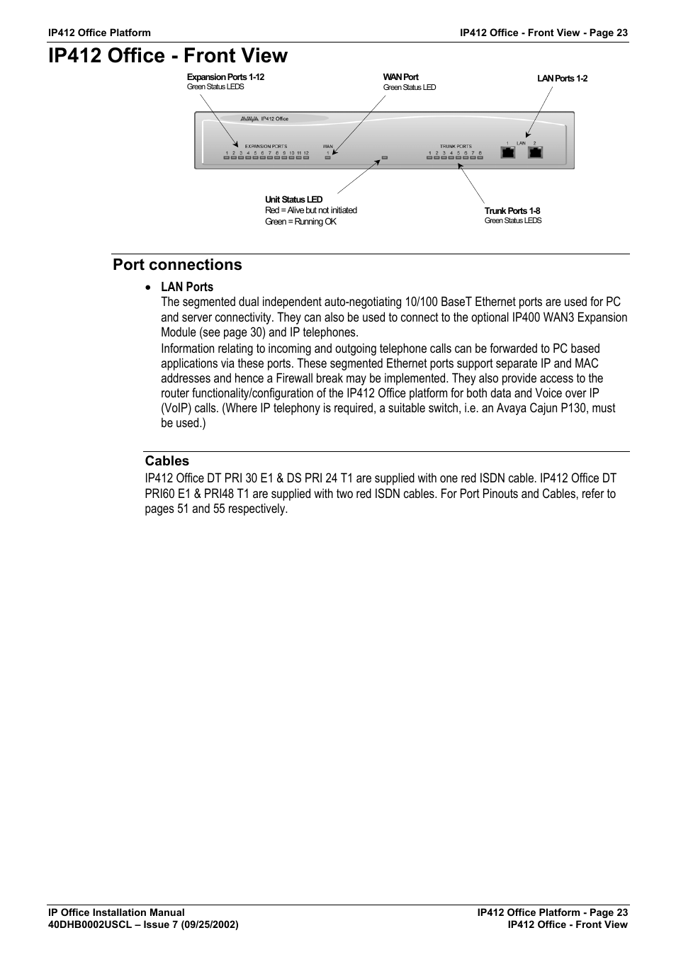 Ip412 office - front view, Port connections, Cables | Avaya IP OFFICE 40DHB0002USCL User Manual | Page 23 / 70
