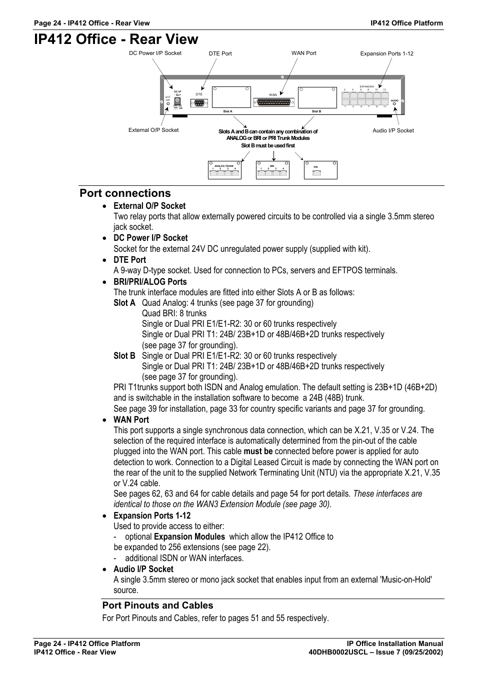 Ip412 office - rear view, Port connections, Port pinouts and cables | Avaya IP OFFICE 40DHB0002USCL User Manual | Page 24 / 70