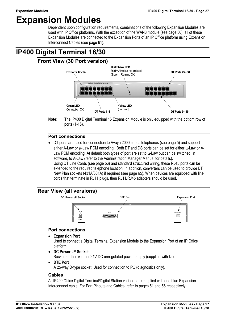 Expansion modules, Ip400 digital terminal 16/30, Front view (30 port version) | Port connections, Rear view (all versions), Cables | Avaya IP OFFICE 40DHB0002USCL User Manual | Page 27 / 70