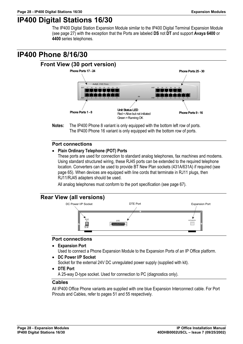 Ip400 digital stations 16/30, Ip400 phone 8/16/30, Front view (30 port version) | Port connections, Rear view (all versions), Cables | Avaya IP OFFICE 40DHB0002USCL User Manual | Page 28 / 70
