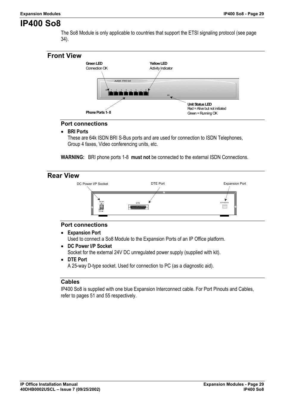 Ip400 so8, Front view, Port connections | Rear view, Cables | Avaya IP OFFICE 40DHB0002USCL User Manual | Page 29 / 70