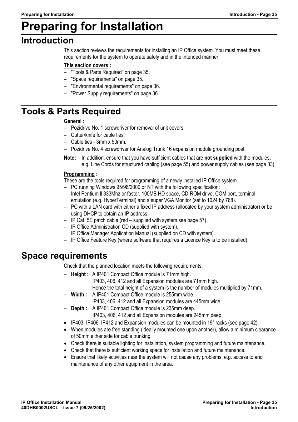 Preparing for installation, Introduction, Tools & parts required | Space requirements | Avaya IP OFFICE 40DHB0002USCL User Manual | Page 35 / 70