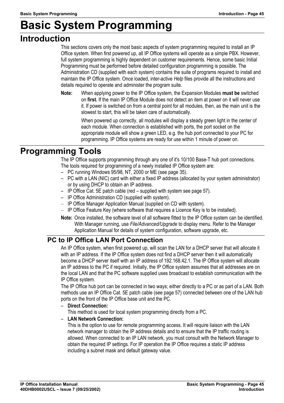 Basic system programming, Introduction, Programming tools | Pc to ip office lan port connection | Avaya IP OFFICE 40DHB0002USCL User Manual | Page 45 / 70