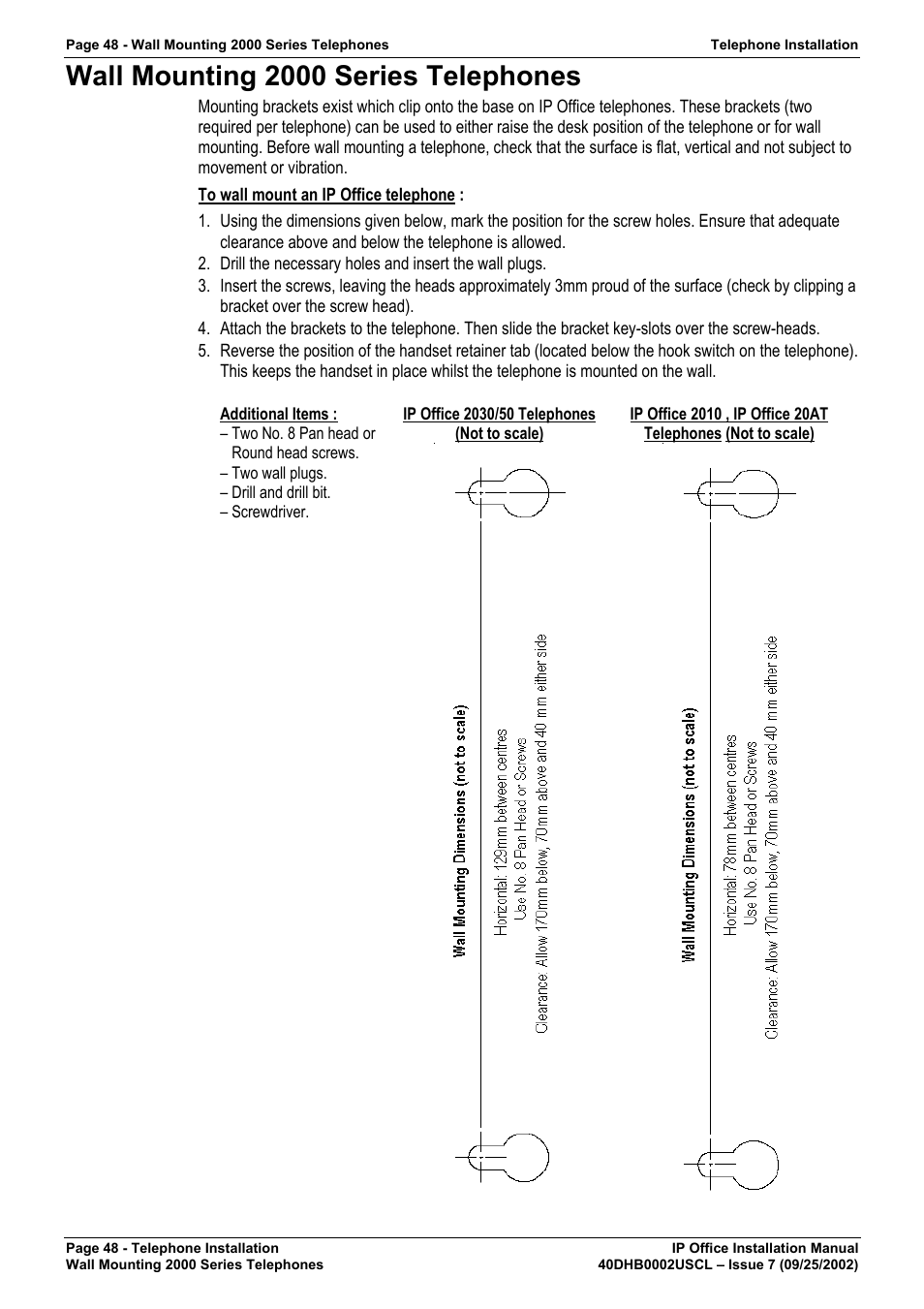 Wall mounting 2000 series telephones | Avaya IP OFFICE 40DHB0002USCL User Manual | Page 48 / 70