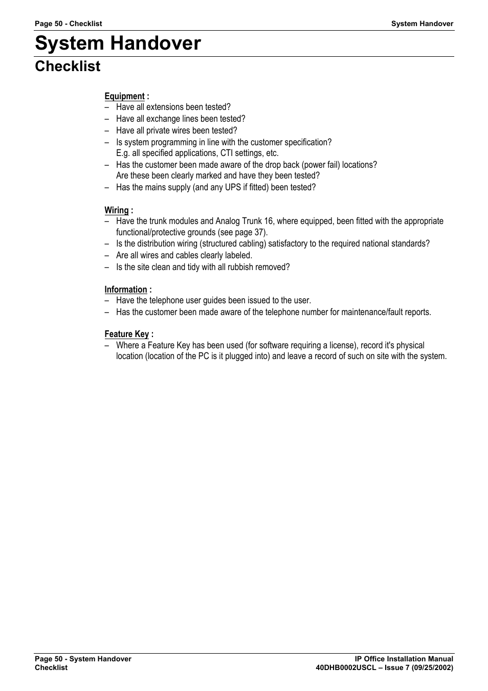 System handover, Checklist | Avaya IP OFFICE 40DHB0002USCL User Manual | Page 50 / 70