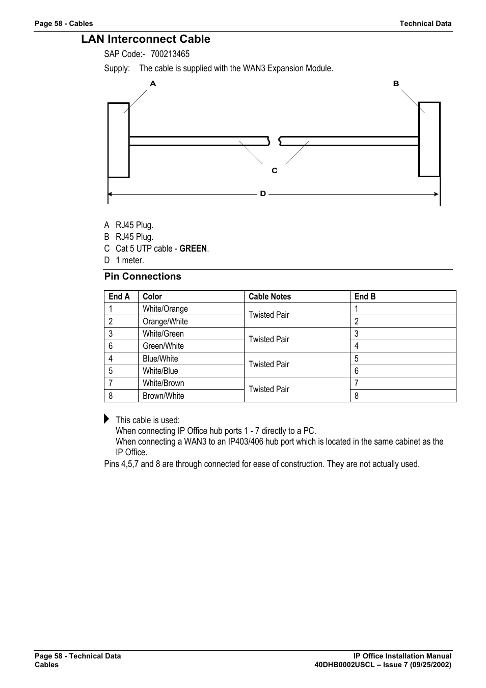 Lan interconnect cable, Pin connections | Avaya IP OFFICE 40DHB0002USCL User Manual | Page 58 / 70