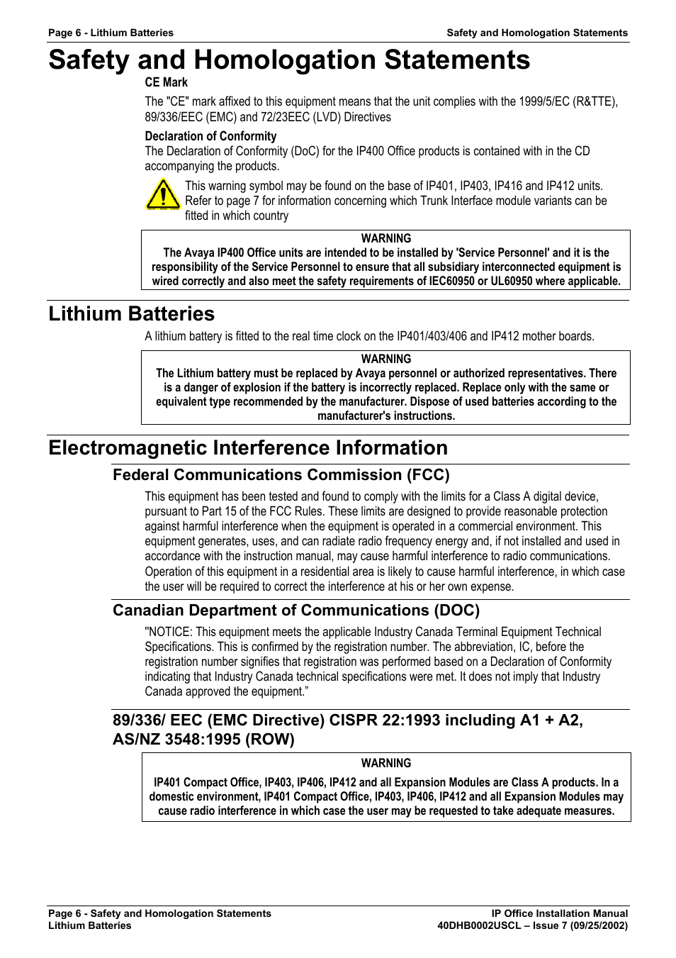 Safety and homologation statements, Lithium batteries, Electromagnetic interference information | Federal communications commission (fcc), Canadian department of communications (doc) | Avaya IP OFFICE 40DHB0002USCL User Manual | Page 6 / 70