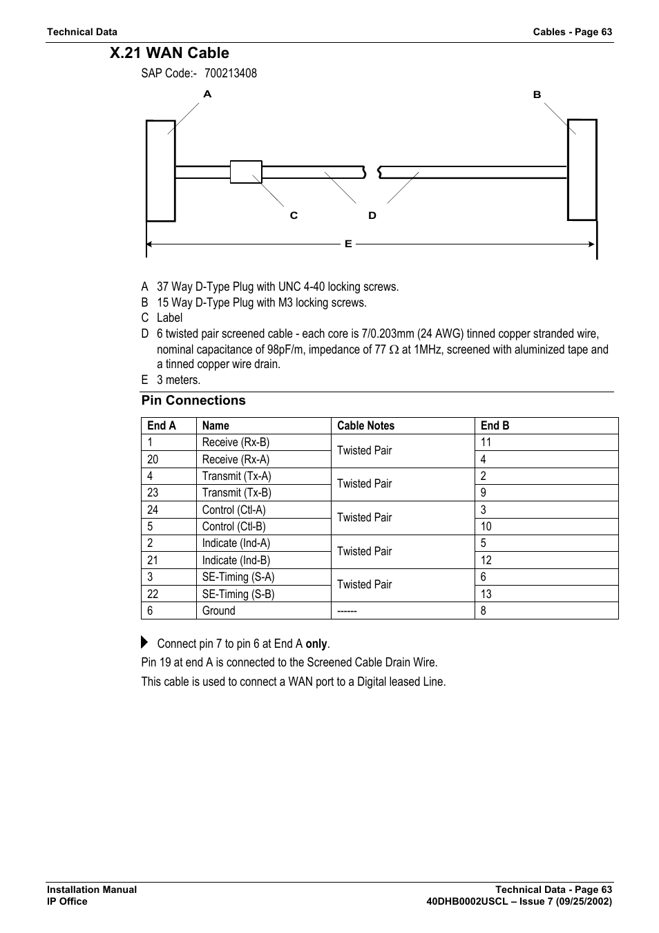 X.21 wan cable, Pin connections | Avaya IP OFFICE 40DHB0002USCL User Manual | Page 63 / 70