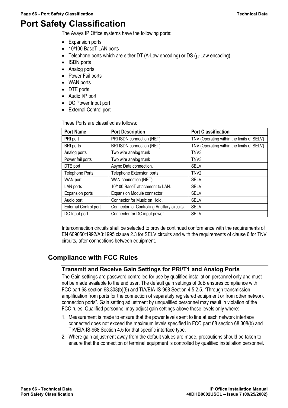 Port safety classification, Compliance with fcc rules | Avaya IP OFFICE 40DHB0002USCL User Manual | Page 66 / 70