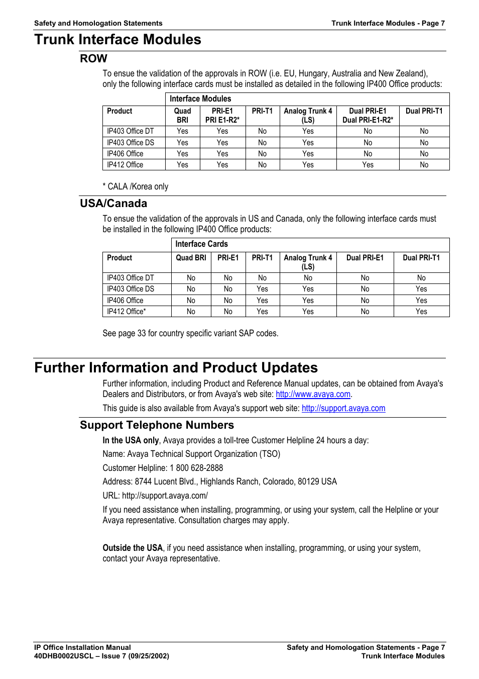 Trunk interface modules, Usa/canada, Further information and product updates | Support telephone numbers | Avaya IP OFFICE 40DHB0002USCL User Manual | Page 7 / 70