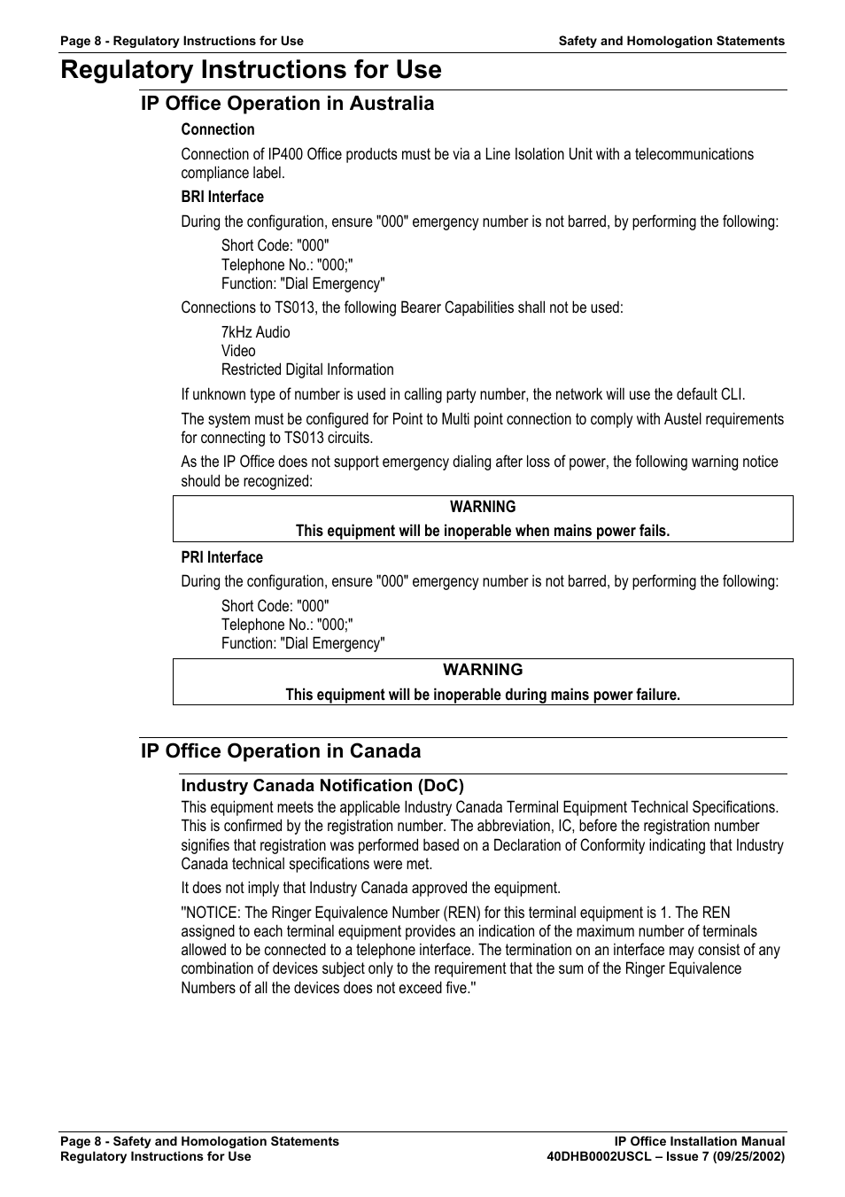 Regulatory instructions for use, Ip office operation in australia, Ip office operation in canada | Industry canada notification (doc) | Avaya IP OFFICE 40DHB0002USCL User Manual | Page 8 / 70