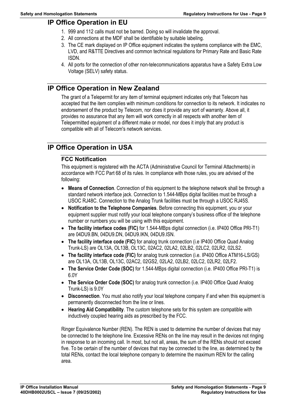 Ip office operation in eu, Ip office operation in new zealand, Ip office operation in usa | Fcc notification | Avaya IP OFFICE 40DHB0002USCL User Manual | Page 9 / 70