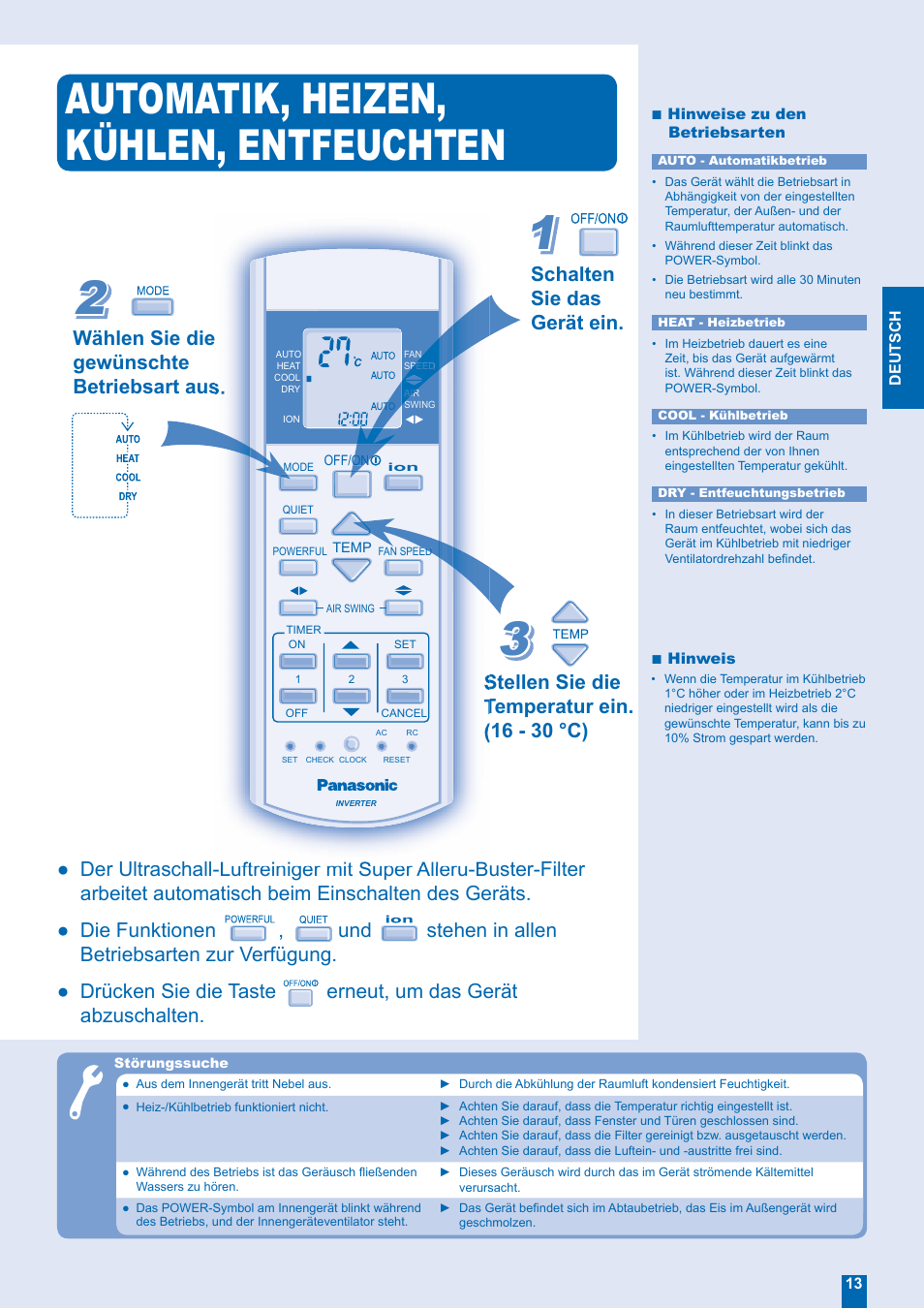 Automatik, heizen, kühlen, entfeuchten | Panasonic CUE15EKEA User Manual | Page 5 / 12