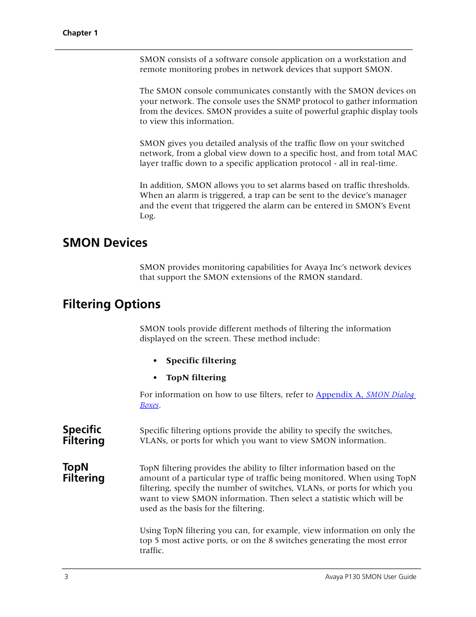 Smon devices, Filtering options, Specific filtering | Topn filtering | Avaya P130 SMON User Manual | Page 10 / 76