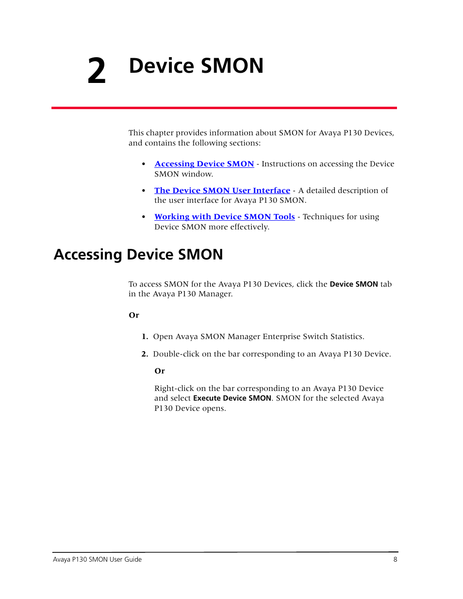 Device smon, Accessing device smon, Chapter 2  device smon | Avaya P130 SMON User Manual | Page 15 / 76