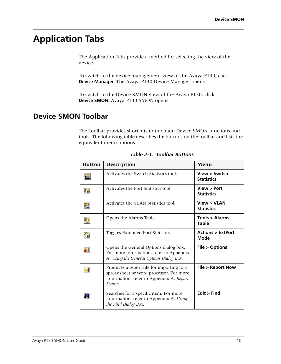 Application tabs, Device smon toolbar, Buttons providing shortcut | Avaya P130 SMON User Manual | Page 17 / 76