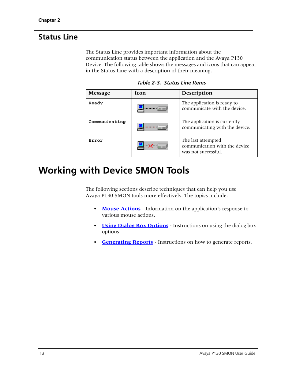 Status line, Working with device smon tools | Avaya P130 SMON User Manual | Page 20 / 76