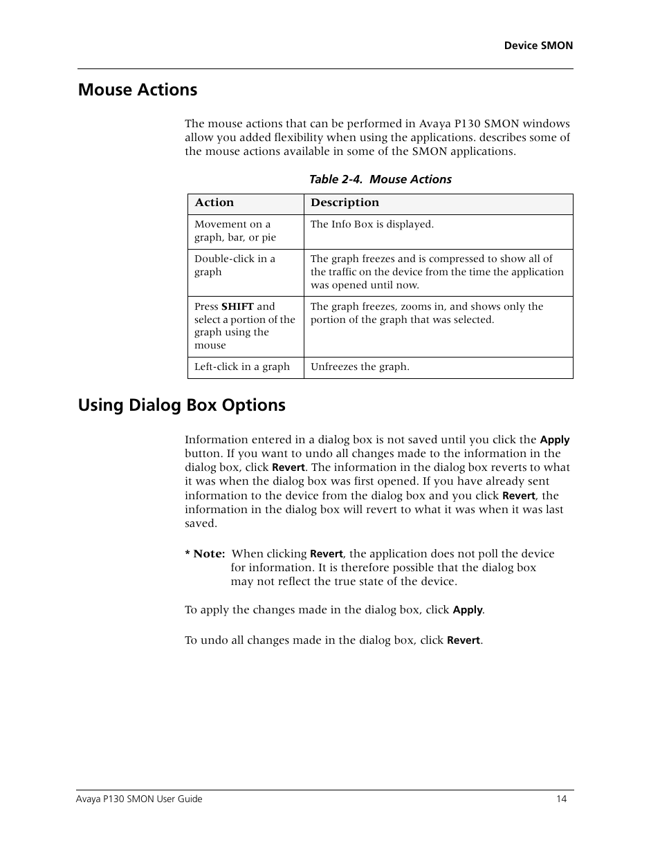 Mouse actions, Using dialog box options, Information o | Avaya P130 SMON User Manual | Page 21 / 76