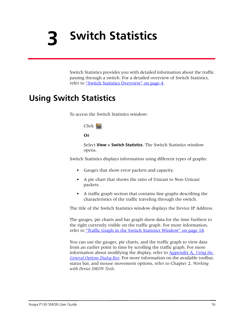 Switch statistics, Using switch statistics, Chapter 3  switch statistics | Avaya P130 SMON User Manual | Page 23 / 76